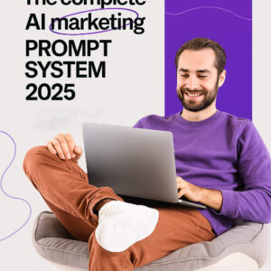 Man on beanbag using laptop with 'AI Marketing Prompt System 2025' text and branding-Nextgencrunch.com
