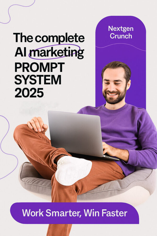 Man on beanbag using laptop with 'AI Marketing Prompt System 2025' text and branding-Nextgencrunch.com